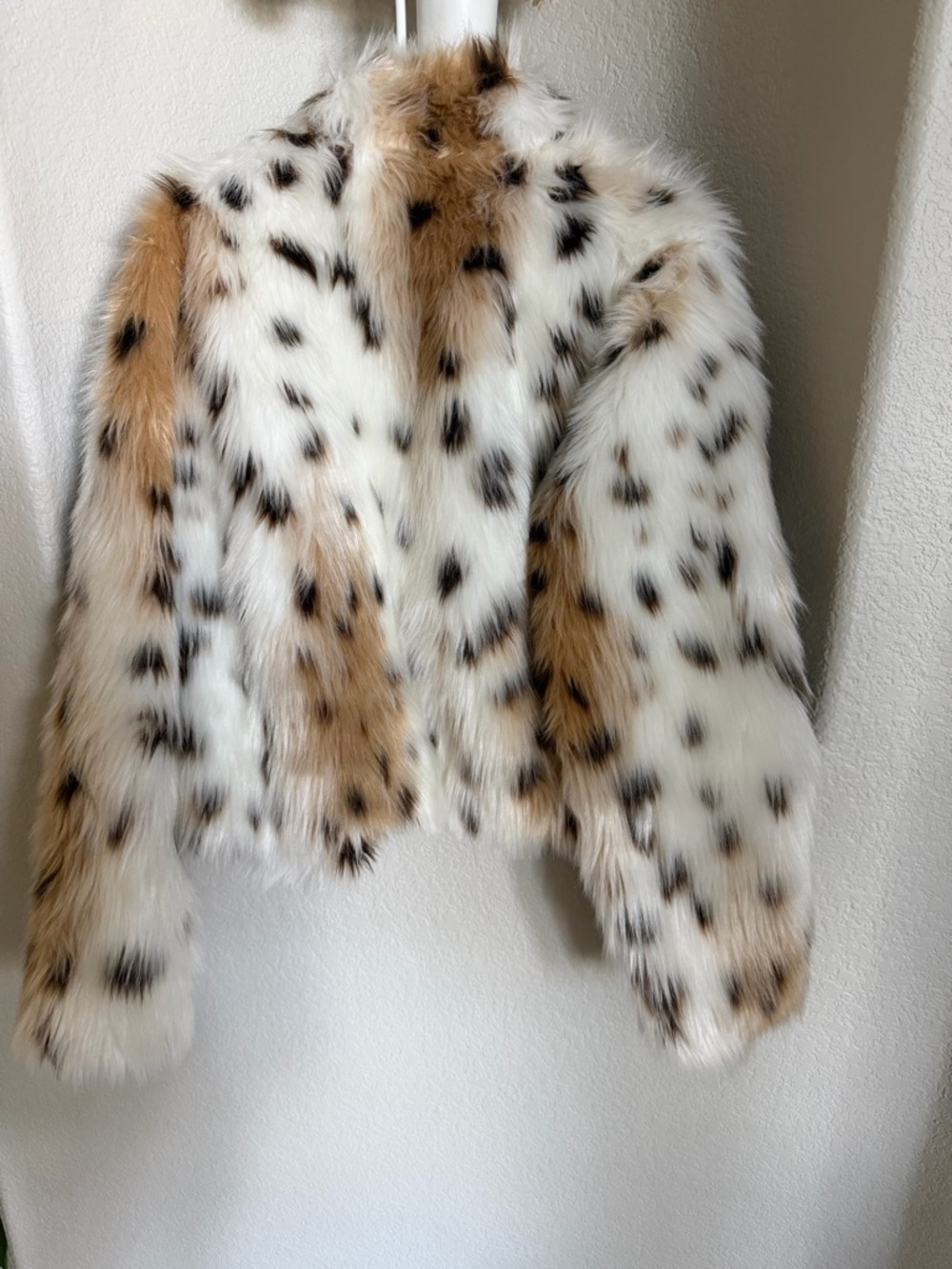 Spotted Faux Fur Teddy Jacket in White & Brown